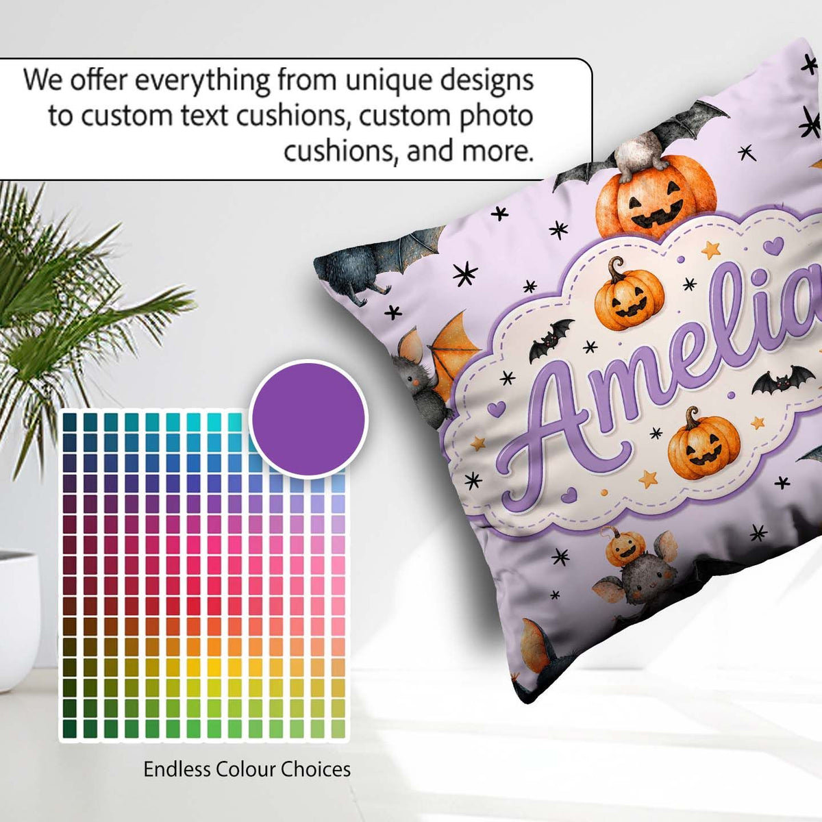 Custom Name Halloween Bat Pumpkin Star Night Seamless Soft Lilac Square Filled Cushion Throw Pillow Sofa Bed Home Decor Zip Washable UK Made