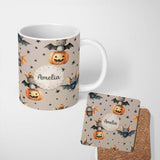 Personalized Custom Name Cute Halloween Bat Pumpkin Star Night Seamless Pattern Warm Beige 11oz Ceramic Coffee Tea Mug White Large Handle