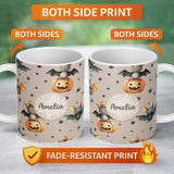 Personalized Custom Name Cute Halloween Bat Pumpkin Star Night Seamless Pattern Warm Beige 11oz Ceramic Coffee Tea Mug White Large Handle