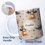 Personalized Custom Name Cute Halloween Bat Pumpkin Star Night Seamless Pattern Warm Beige 11oz Ceramic Coffee Tea Mug White Large Handle