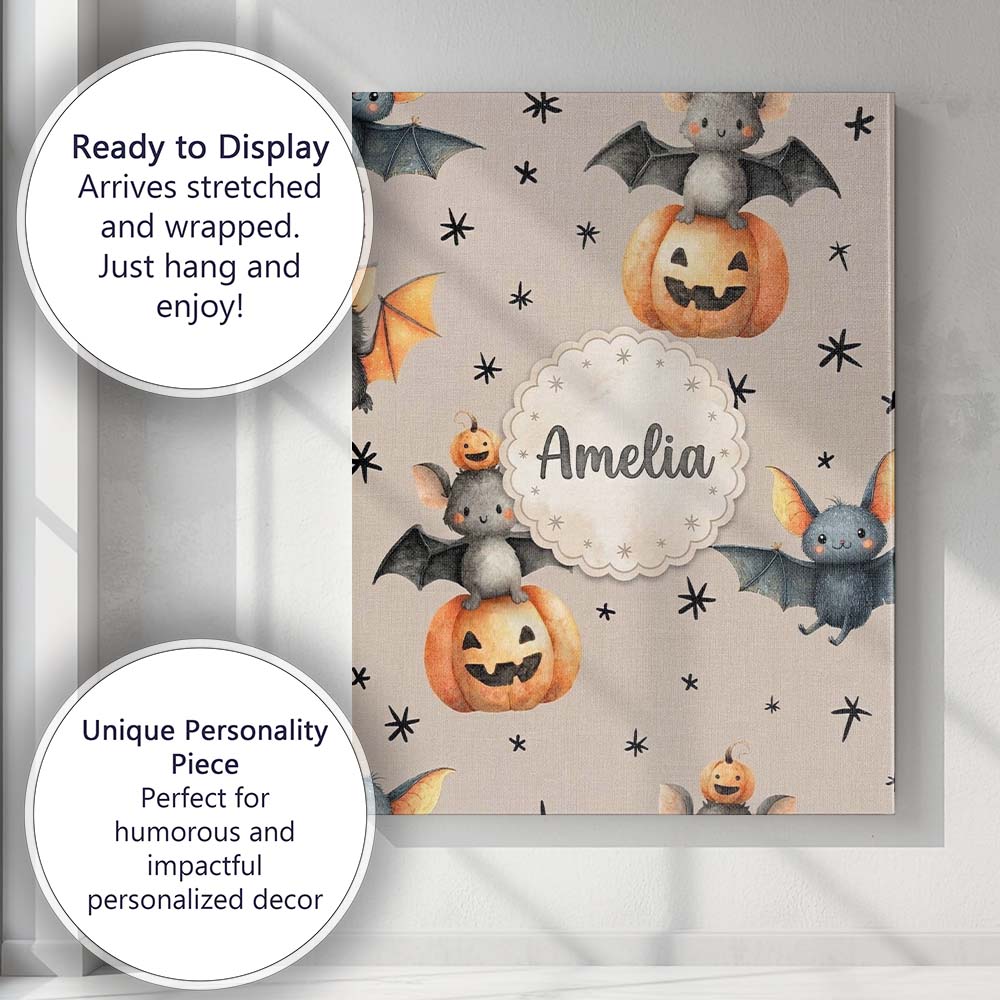 Personalised Name Cute Halloween Bat Custom Premium Decorative Design Modern Room Accent Canvas Wall Art Print Decor Picture Ready to Hang