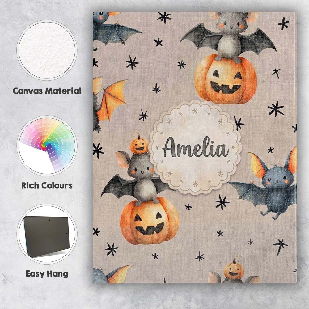 Personalised Name Cute Halloween Bat Custom Premium Decorative Design Modern Room Accent Canvas Wall Art Print Decor Picture Ready to Hang