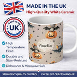 Personalized Custom Name Cute Halloween Bat Pumpkin Star Night Seamless Pattern Warm Beige 11oz Ceramic Coffee Tea Mug White Large Handle
