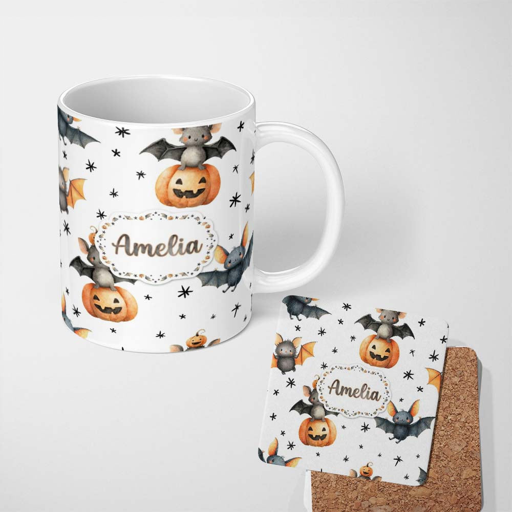 Personalized Custom Name Cute Halloween Bat Pumpkin Star Night Seamless Pattern Light Grey 11oz Ceramic Coffee Tea Mug White Large Handle