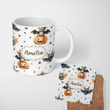 Personalized Custom Name Cute Halloween Bat Pumpkin Star Night Seamless Pattern Light Grey 11oz Ceramic Coffee Tea Mug White Large Handle
