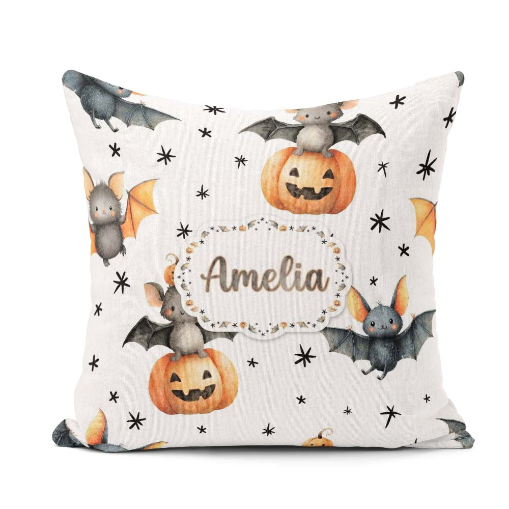 Custom Name Halloween Bat Pumpkin Star Night Seamless Light Grey Square Filled Cushion Throw Pillow Sofa Bed Home Decor Zip Washable UK Made