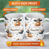 Personalized Custom Name Cute Halloween Bat Pumpkin Star Night Seamless Pattern Light Grey 11oz Ceramic Coffee Tea Mug White Large Handle