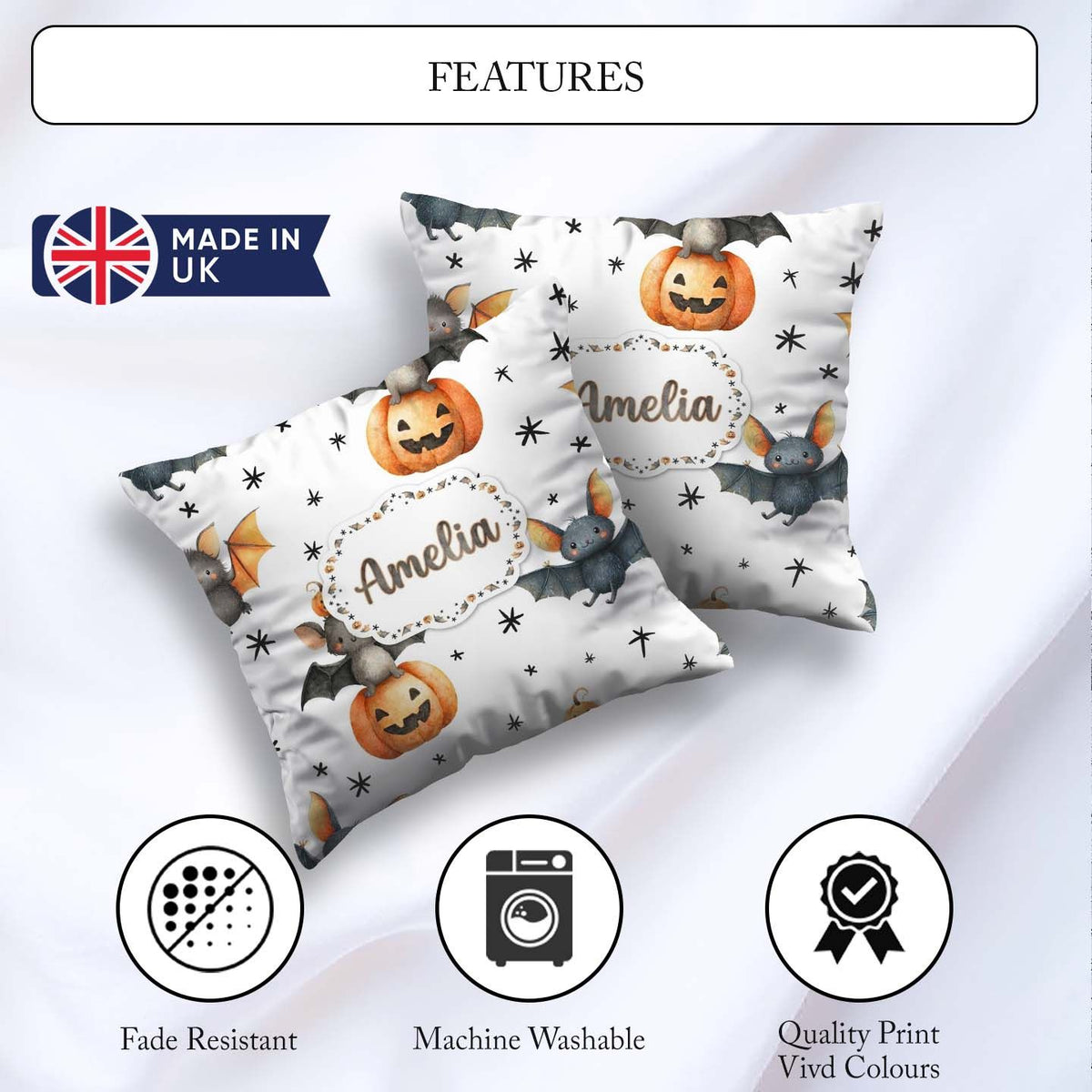Custom Name Halloween Bat Pumpkin Star Night Seamless Light Grey Square Filled Cushion Throw Pillow Sofa Bed Home Decor Zip Washable UK Made