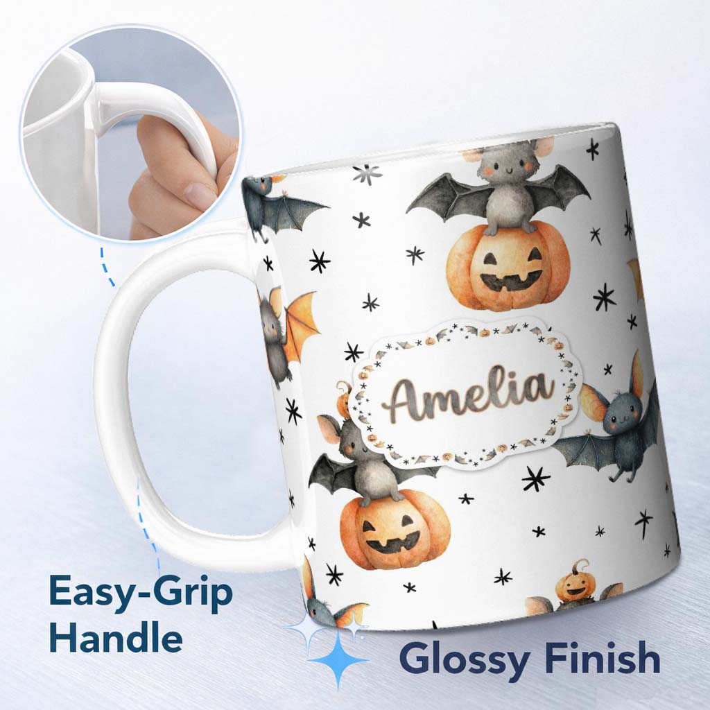 Personalized Custom Name Cute Halloween Bat Pumpkin Star Night Seamless Pattern Light Grey 11oz Ceramic Coffee Tea Mug White Large Handle