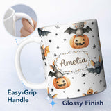 Personalized Custom Name Cute Halloween Bat Pumpkin Star Night Seamless Pattern Light Grey 11oz Ceramic Coffee Tea Mug White Large Handle