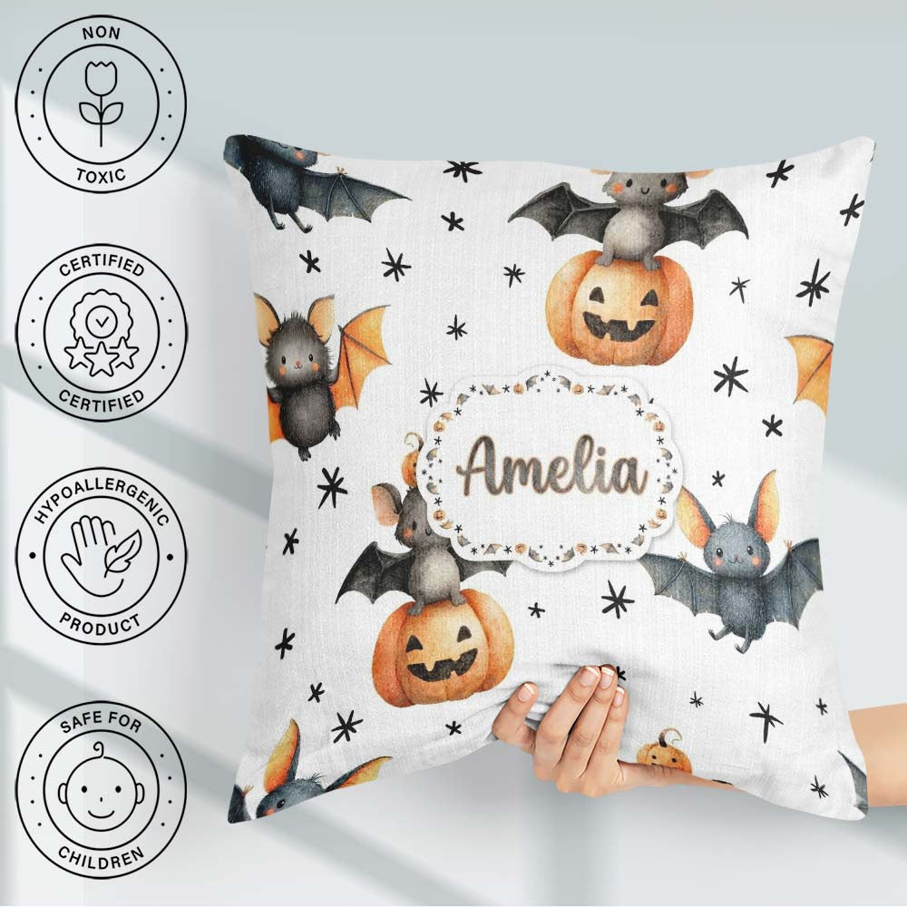 Custom Name Halloween Bat Pumpkin Star Night Seamless Light Grey Square Filled Cushion Throw Pillow Sofa Bed Home Decor Zip Washable UK Made