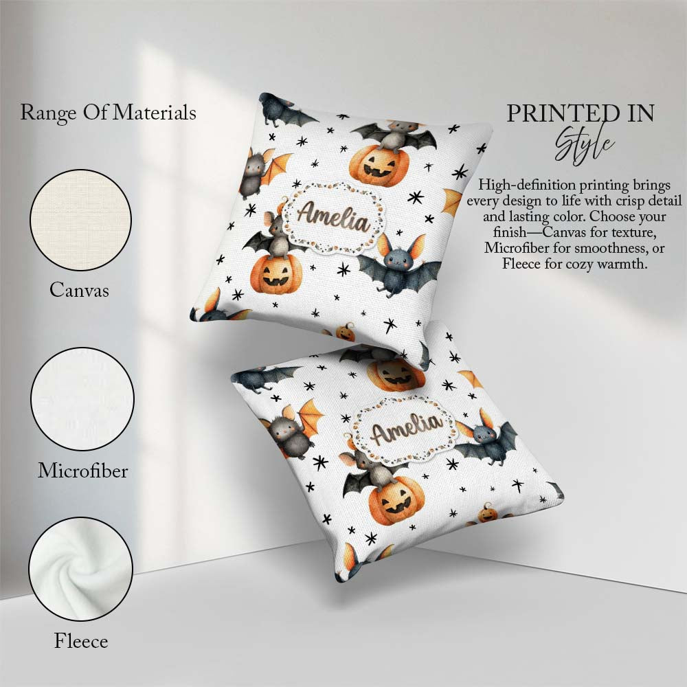Custom Name Halloween Bat Pumpkin Star Night Seamless Light Grey Square Filled Cushion Throw Pillow Sofa Bed Home Decor Zip Washable UK Made