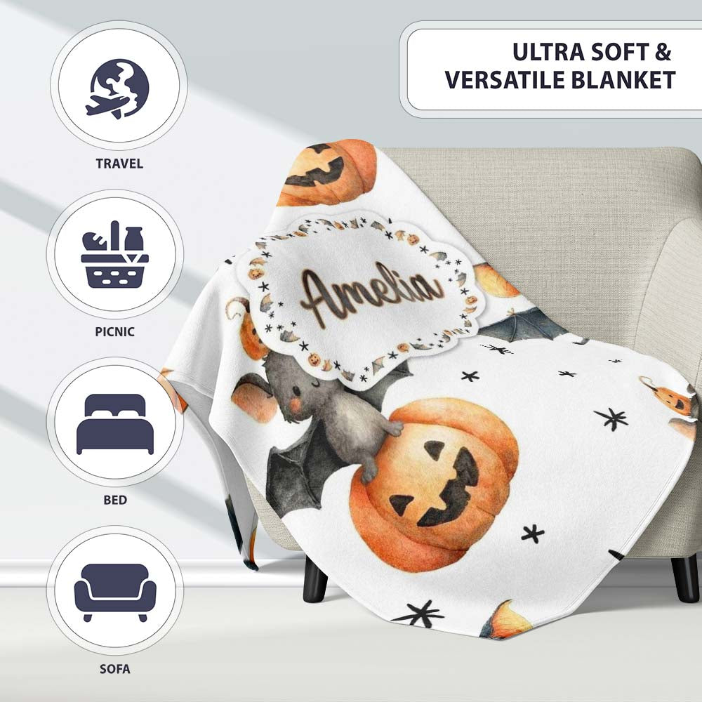 Cute Halloween Bat Pumpkin Star Night Seamless Pattern Light Grey  Personalised Custom Name Super Soft Fleece Blanket Bed Sofa Throw