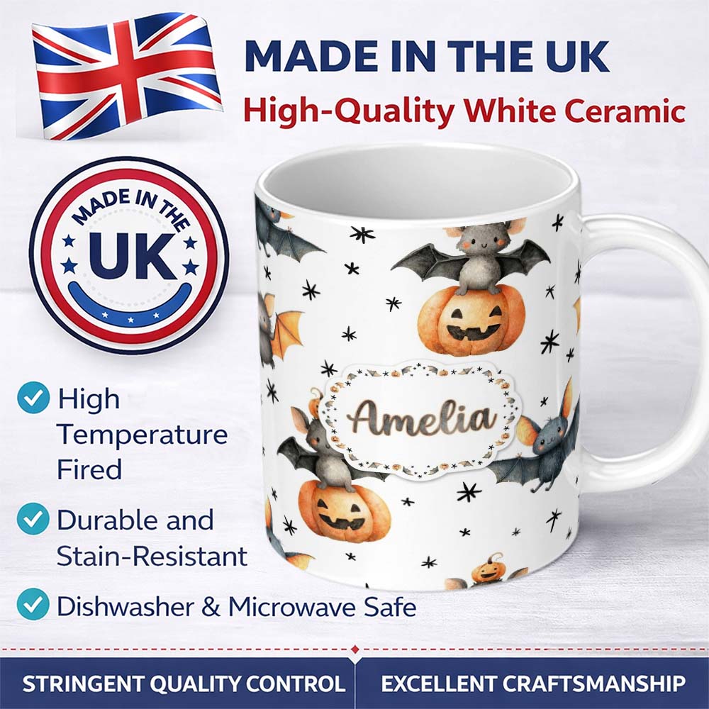 Personalized Custom Name Cute Halloween Bat Pumpkin Star Night Seamless Pattern Light Grey 11oz Ceramic Coffee Tea Mug White Large Handle