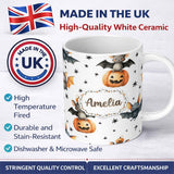 Personalized Custom Name Cute Halloween Bat Pumpkin Star Night Seamless Pattern Light Grey 11oz Ceramic Coffee Tea Mug White Large Handle