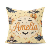 Custom Name Cute Halloween Bat Pumpkin Star Night Pattern Pastel Square Filled Cushion Throw Pillow Sofa Bed Home Decor Zip Washable UK Made