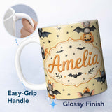 Personalized Custom Name Cute Halloween Bat Pumpkin Star Night Seamless Pattern Pastel 11oz Ceramic Coffee Tea Mug White Large Handle