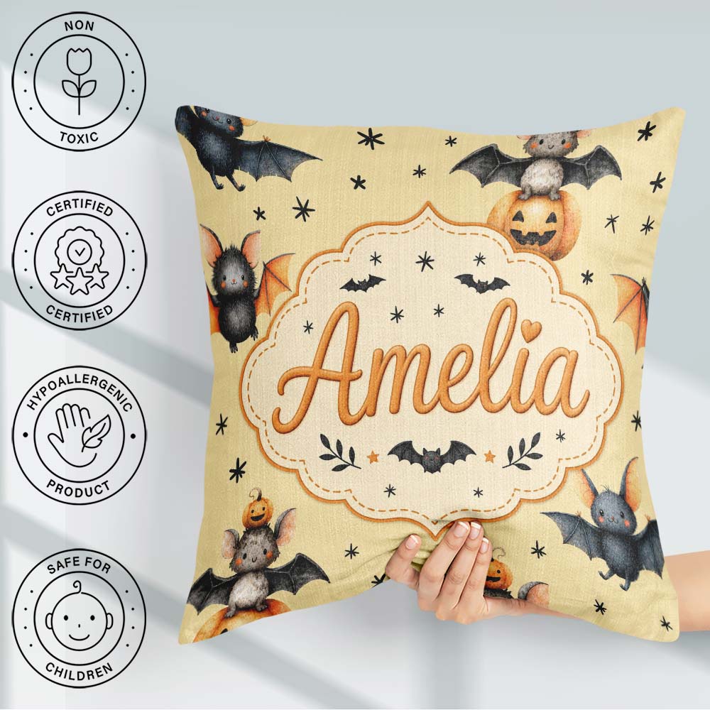 Custom Name Cute Halloween Bat Pumpkin Star Night Pattern Pastel Square Filled Cushion Throw Pillow Sofa Bed Home Decor Zip Washable UK Made