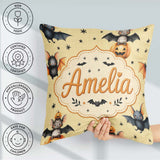 Custom Name Cute Halloween Bat Pumpkin Star Night Pattern Pastel Square Filled Cushion Throw Pillow Sofa Bed Home Decor Zip Washable UK Made