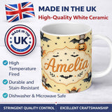 Personalized Custom Name Cute Halloween Bat Pumpkin Star Night Seamless Pattern Pastel 11oz Ceramic Coffee Tea Mug White Large Handle