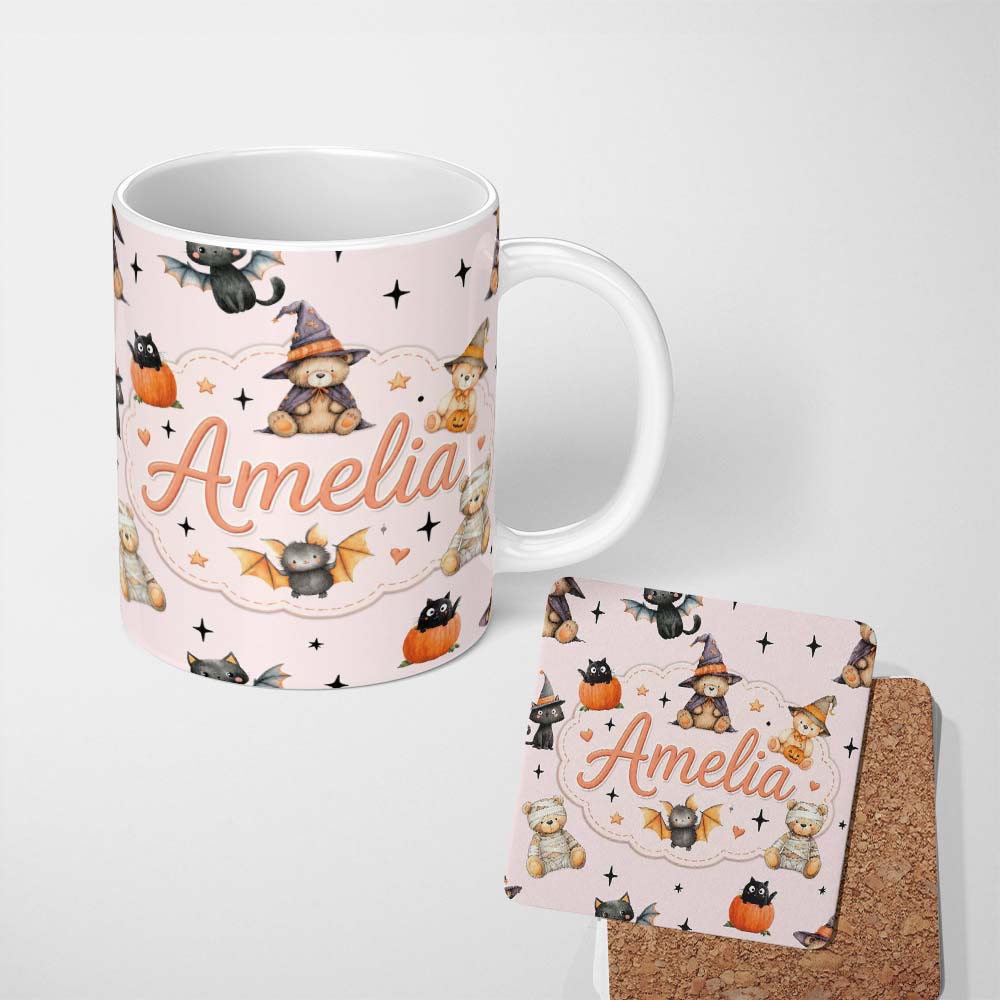 Personalized Custom Name Cute Halloween Teddy Bear Pumpkin Witch Seamless Pattern Blush Pink 11oz Ceramic Coffee Tea Mug White Large Handle
