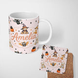 Personalized Custom Name Cute Halloween Teddy Bear Pumpkin Witch Seamless Pattern Blush Pink 11oz Ceramic Coffee Tea Mug White Large Handle