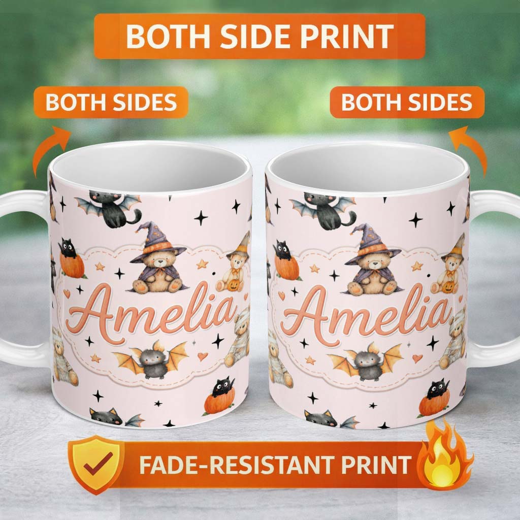 Personalized Custom Name Cute Halloween Teddy Bear Pumpkin Witch Seamless Pattern Blush Pink 11oz Ceramic Coffee Tea Mug White Large Handle