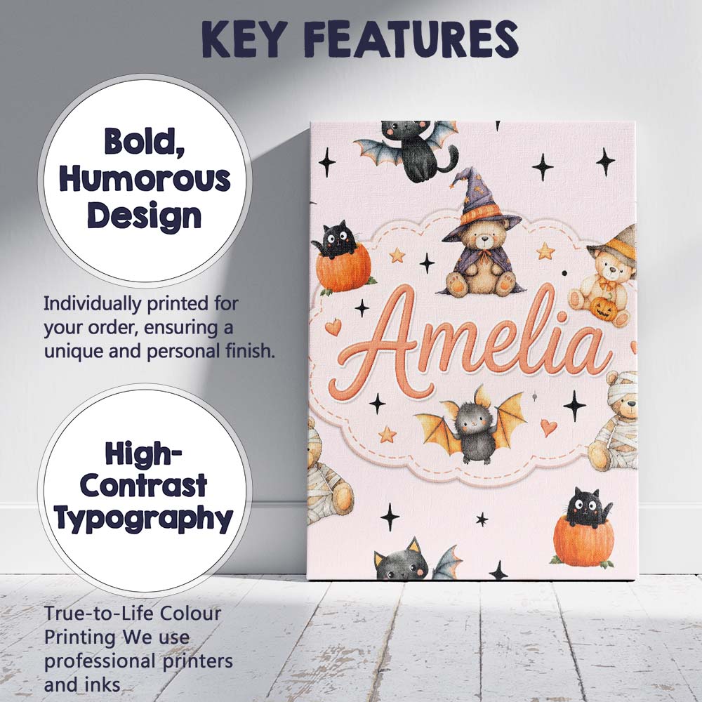 Personalised Name Cute Halloween Teddy Bear Custom  Bespoke Interior Contemporary Canvas Wall Art Print Decor Picture Ready to Hang