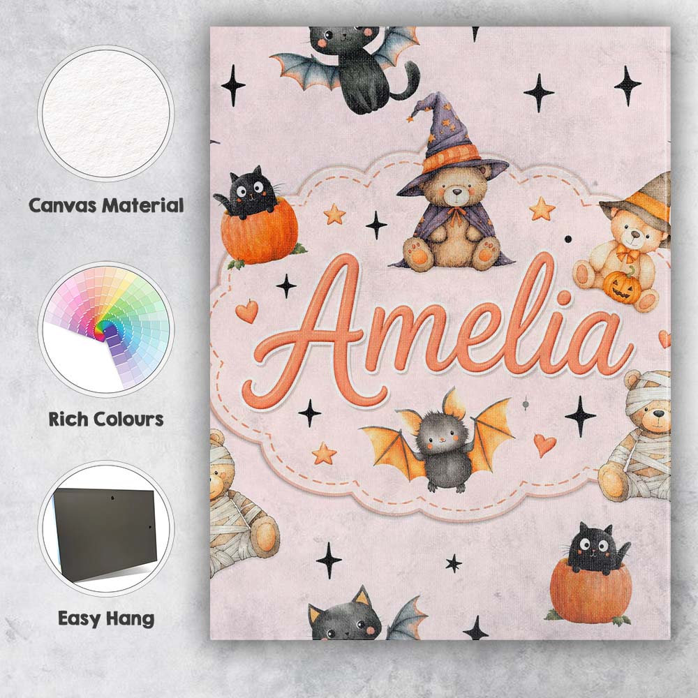 Personalised Name Cute Halloween Teddy Bear Custom  Bespoke Interior Contemporary Canvas Wall Art Print Decor Picture Ready to Hang