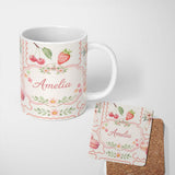 Personalized Custom Name Strawberry Cherry Bow Seamless Pattern Cute Pastel Coquette Design 11oz Ceramic Coffee Tea Mug White Large Handle
