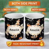 Personalized Custom Name Cute Halloween Teddy Bear Pumpkin Witch Seamless Pattern Black 11oz Ceramic Coffee Tea Mug White Large Handle