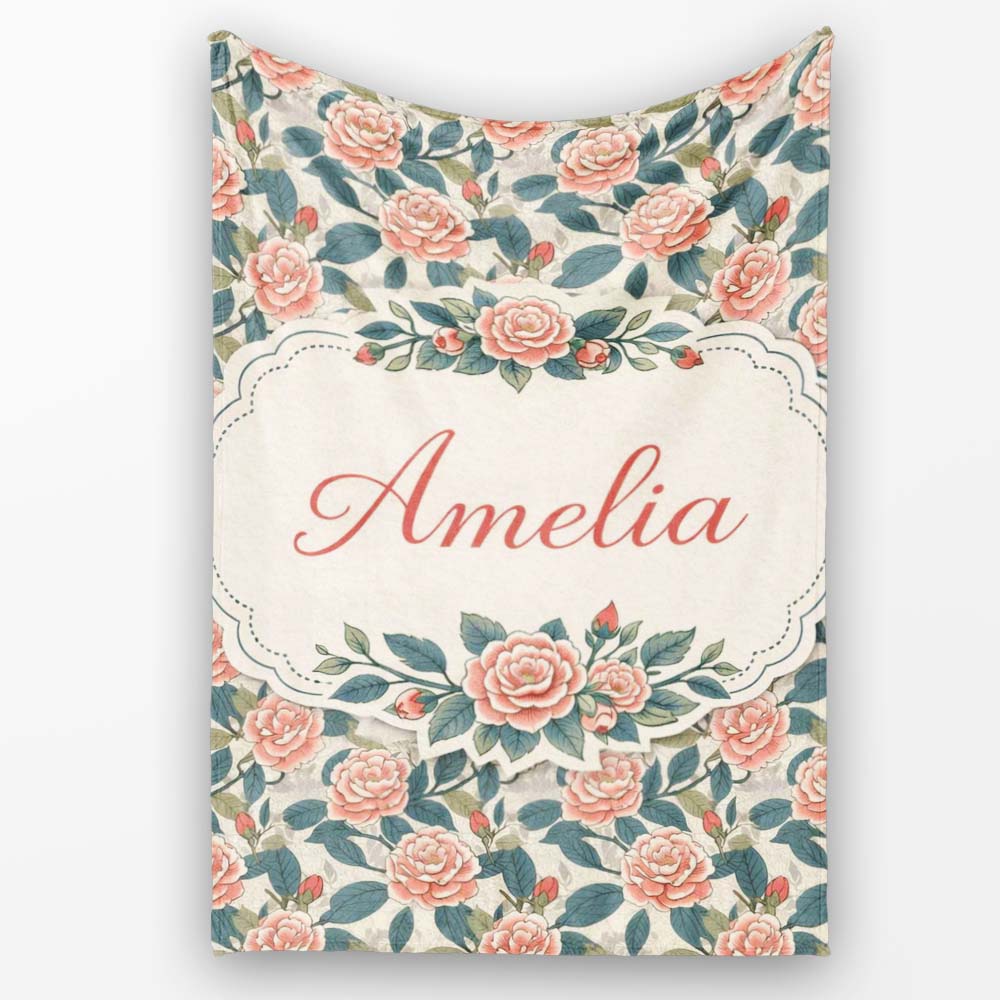 Dark Background Coral Rose Floral Seamless Pattern Cute Unique Gift  Personalised Custom Name Super Soft Fleece Blanket Bed Sofa Throw