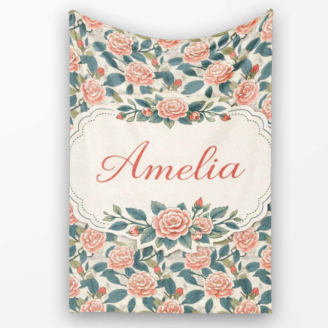 Dark Background Coral Rose Floral Seamless Pattern Cute Unique Gift  Personalised Custom Name Super Soft Fleece Blanket Bed Sofa Throw