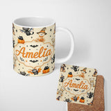 Personalized Custom Name Halloween Teddy Bear Witch Cat Bat Pumpkin Seamless Pattern Cream 11oz Ceramic Coffee Tea Mug White Large Handle