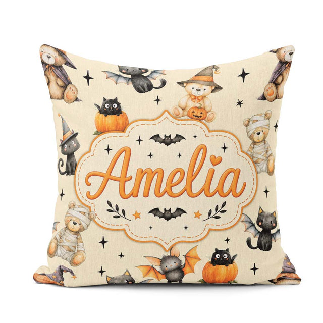Custom Name Halloween Teddy Witch Cat Bat Pumpkin Seamless Cream Square Filled Cushion Throw Pillow Sofa Bed Home Decor Zip Washable UK Made