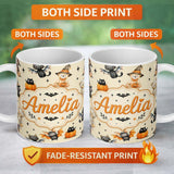 Personalized Custom Name Halloween Teddy Bear Witch Cat Bat Pumpkin Seamless Pattern Cream 11oz Ceramic Coffee Tea Mug White Large Handle