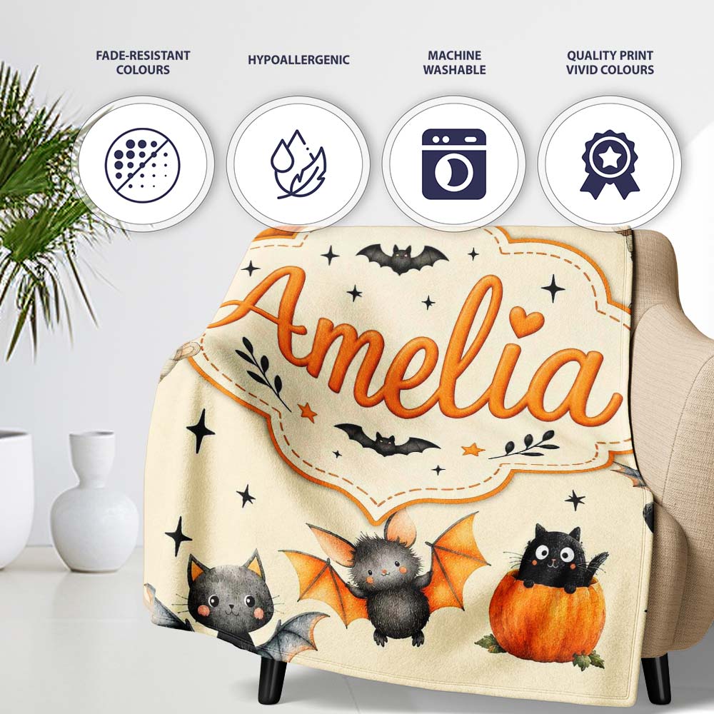 Halloween Teddy Bear Witch Cat Bat Pumpkin Seamless Pattern Cream  Personalised Custom Name Super Soft Fleece Blanket Bed Sofa Throw