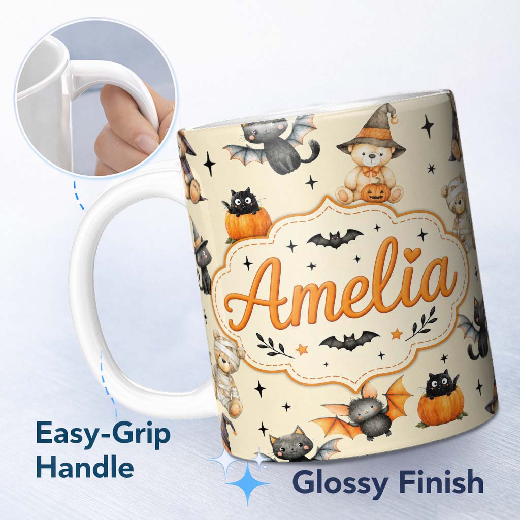 Personalized Custom Name Halloween Teddy Bear Witch Cat Bat Pumpkin Seamless Pattern Cream 11oz Ceramic Coffee Tea Mug White Large Handle