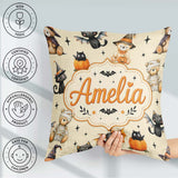 Custom Name Halloween Teddy Witch Cat Bat Pumpkin Seamless Cream Square Filled Cushion Throw Pillow Sofa Bed Home Decor Zip Washable UK Made