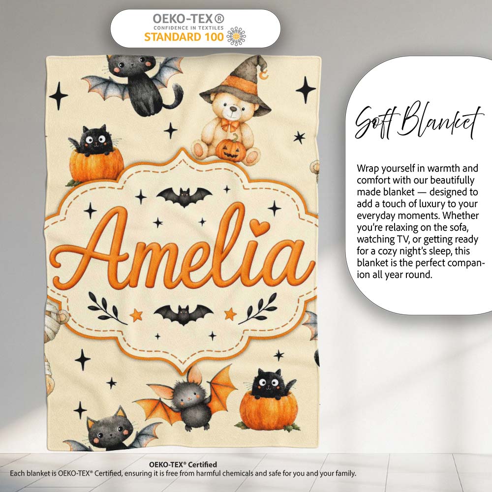 Halloween Teddy Bear Witch Cat Bat Pumpkin Seamless Pattern Cream  Personalised Custom Name Super Soft Fleece Blanket Bed Sofa Throw