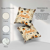 Custom Name Halloween Teddy Witch Cat Bat Pumpkin Seamless Cream Square Filled Cushion Throw Pillow Sofa Bed Home Decor Zip Washable UK Made