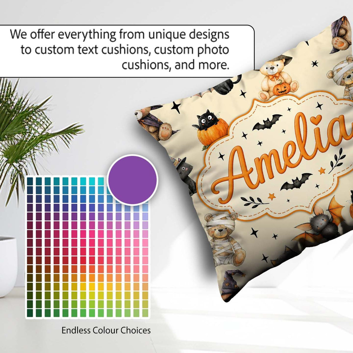 Custom Name Halloween Teddy Witch Cat Bat Pumpkin Seamless Cream Square Filled Cushion Throw Pillow Sofa Bed Home Decor Zip Washable UK Made