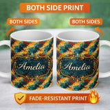 Personalized Custom Name Bold Abstract Paint Splash Teal Mustard Red Flow Pattern Lovely 11oz Ceramic Coffee Tea Mug White Large Handle