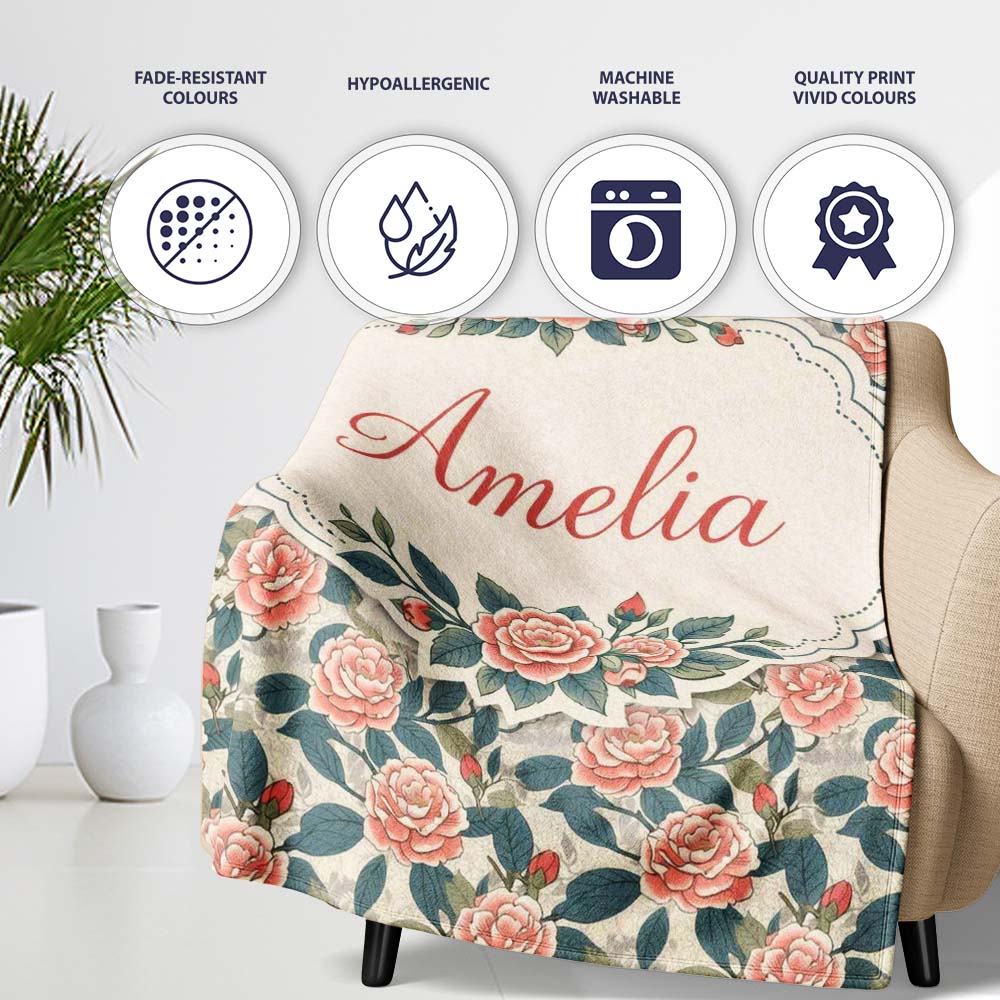Dark Background Coral Rose Floral Seamless Pattern Cute Unique Gift  Personalised Custom Name Super Soft Fleece Blanket Bed Sofa Throw