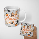 Personalized Custom Name Halloween Teddy Bear Witch Cat Bat Pumpkin Seamless Pattern Soft 11oz Ceramic Coffee Tea Mug White Large Handle