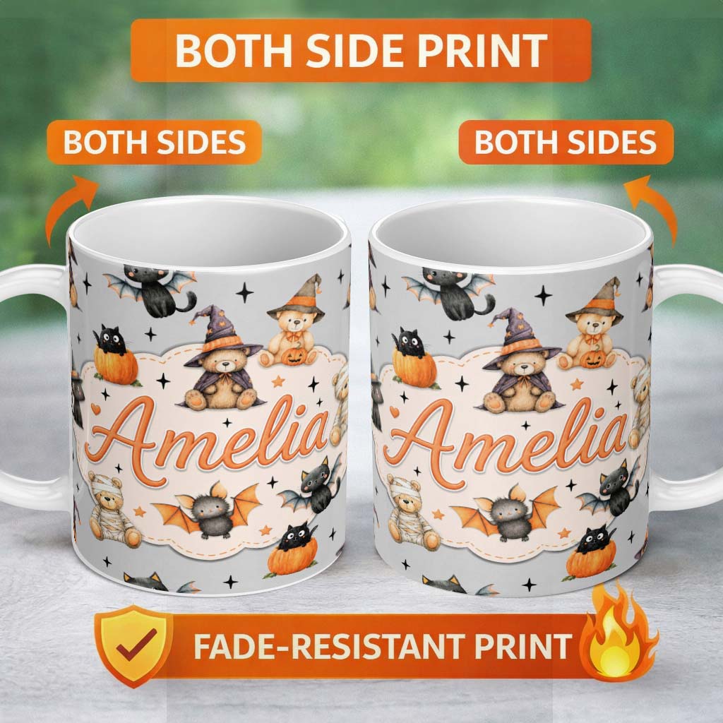 Personalized Custom Name Halloween Teddy Bear Witch Cat Bat Pumpkin Seamless Pattern Soft 11oz Ceramic Coffee Tea Mug White Large Handle