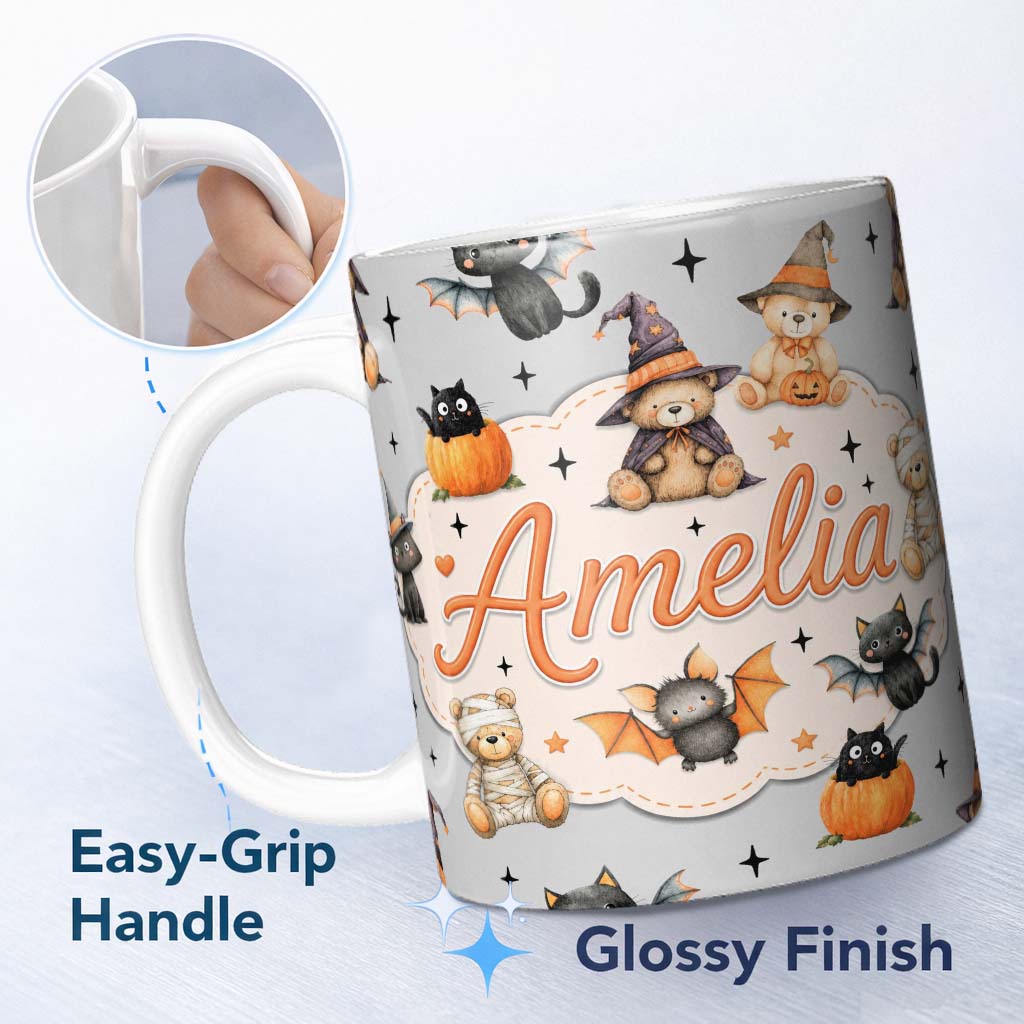 Personalized Custom Name Halloween Teddy Bear Witch Cat Bat Pumpkin Seamless Pattern Soft 11oz Ceramic Coffee Tea Mug White Large Handle