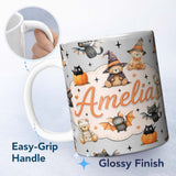 Personalized Custom Name Halloween Teddy Bear Witch Cat Bat Pumpkin Seamless Pattern Soft 11oz Ceramic Coffee Tea Mug White Large Handle