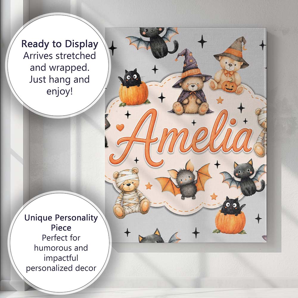 Personalised Name Halloween Teddy Bear Custom  Modern Room Accent Elegant Feature Canvas Wall Art Print Decor Picture Ready to Hang