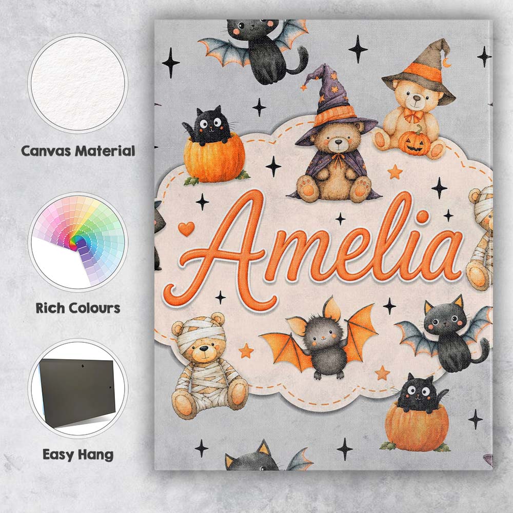 Personalised Name Halloween Teddy Bear Custom  Modern Room Accent Elegant Feature Canvas Wall Art Print Decor Picture Ready to Hang